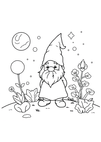 Gnome In Garden In Space Coloring Page