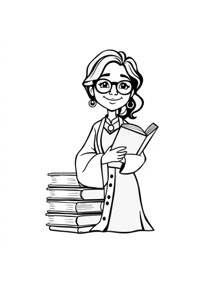 Graceful Librarian With Books Coloring Page