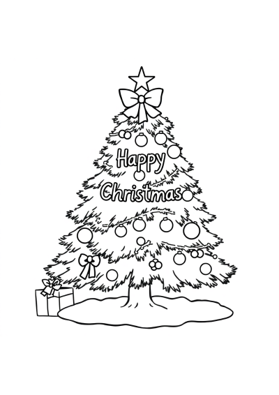 Happy Christmas Tree Decorated Coloring Page