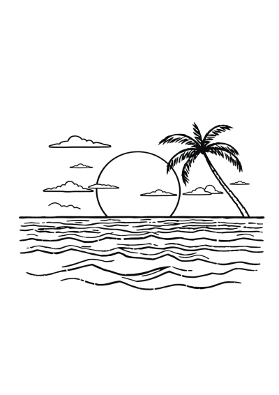 Happy Sunset Over Ocean Coloring Page