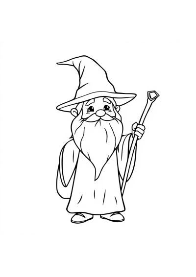 Happy Wizard With Staff Coloring Page