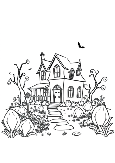Haunted House In Garden Coloring Page