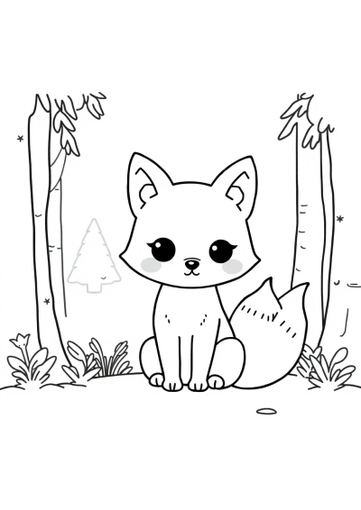 Kawaii Fox In Forest Coloring Page