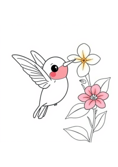 Kawaii Hummingbird Near Flower Coloring Page