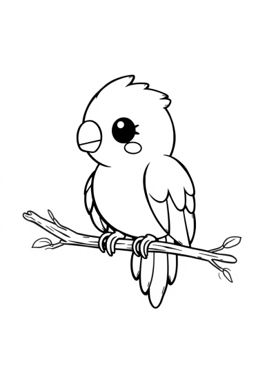 Kawaii Parrot On Branch Coloring Page