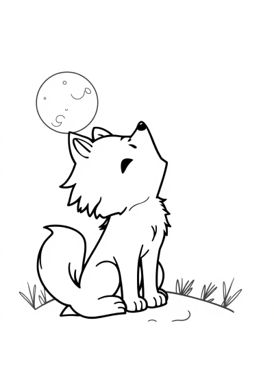 Kawaii Wolf Howling At Moon Coloring Page