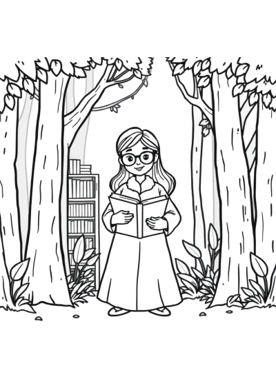 Librarian With Books In Forest Coloring Page