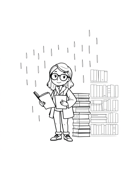 Librarian With Books In Rain Coloring Page