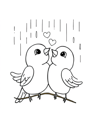 Love Birds In Rain Coloring Page
