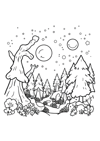Detailed Magical Forest In Space Coloring Page