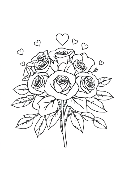 Magical Rose Bouquet Valentines Coloring Page