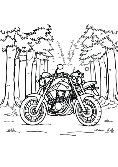 Motorcycle In Forest Coloring Page