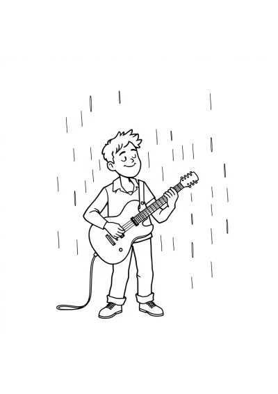 Musician Playing Guitar In Rain Coloring Page