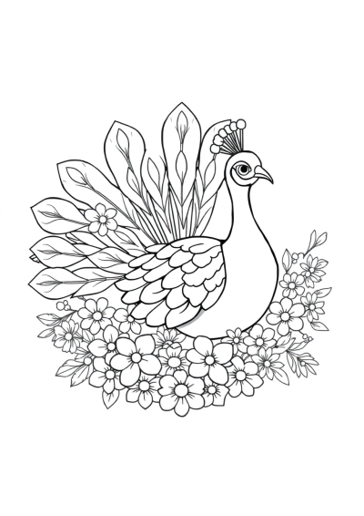 Peacock With Feathers Spread With Flowers Coloring Page