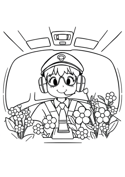 Pilot In Cockpit With Flowers Coloring Page