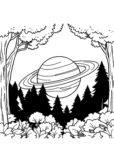 Planet Saturn With Rings In Forest Coloring Page