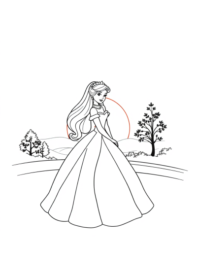Princess In Dress At Sunset Coloring Page