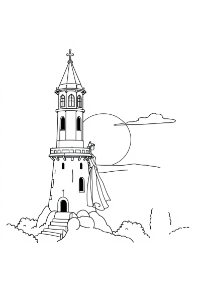Princess In Tower At Sunset Coloring Page