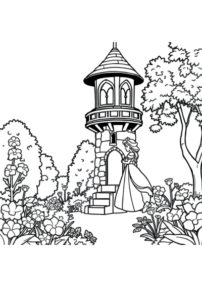 Princess In Tower In Garden Coloring Page