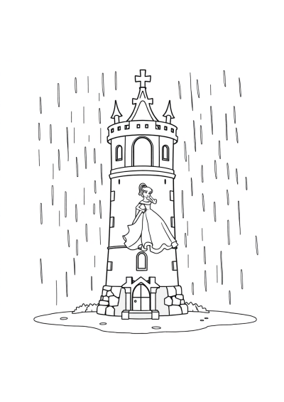 Princess In Tower In Rain Coloring Page