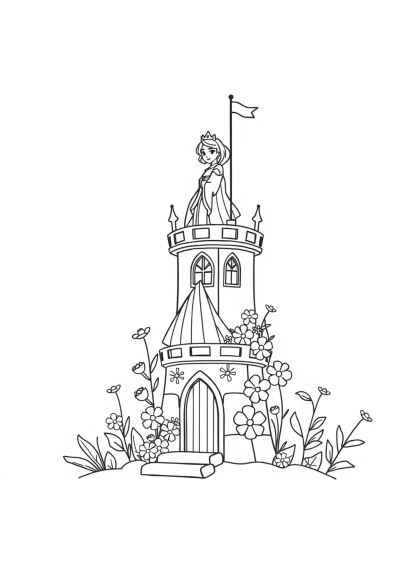 Princess In Tower With Flowers Coloring Page