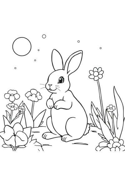 Rabbit In Garden In Space Coloring Page