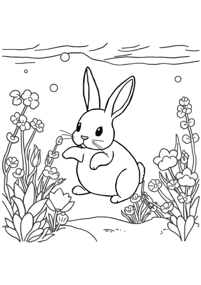 Rabbit In Garden Underwater Coloring Page
