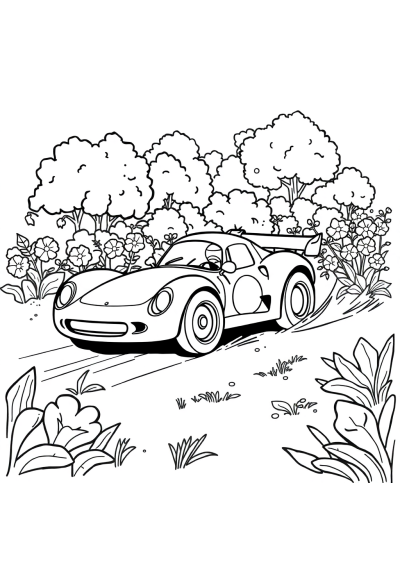 Race Car Speeding In Garden Coloring Page