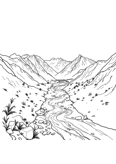 River Through Mountains Coloring Page