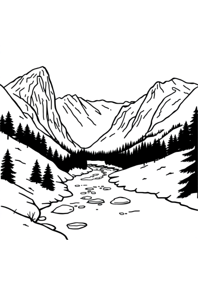 River Through Mountains In Winter Coloring Page