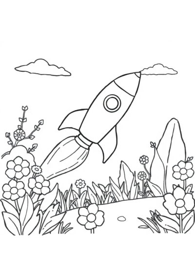Rocket Ship Flying In Garden Coloring Page