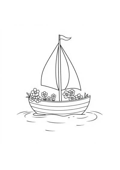 Sailboat On Water With Flowers Coloring Page