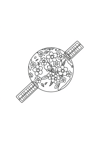 Satellite Orbiting Earth With Flowers Coloring Page
