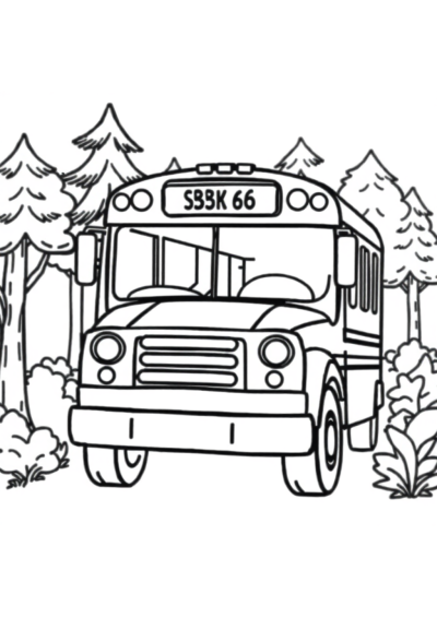 School Bus In Forest Coloring Page