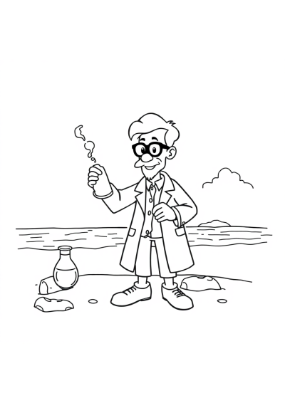 Scientist With Beaker On Beach Coloring Page