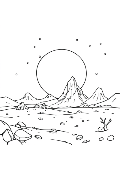 Sleepy Alien Planet Landscape Coloring Page