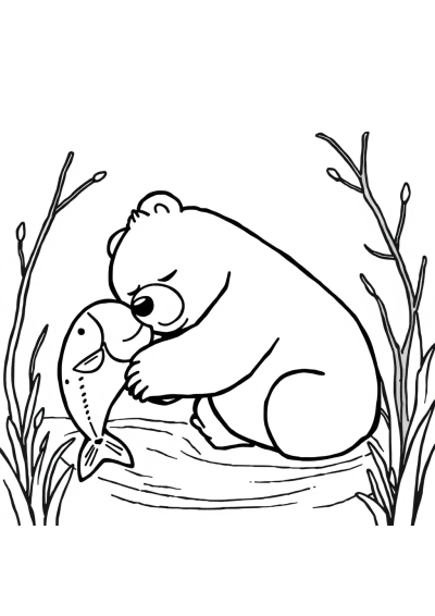 Sleepy Bear Catching Fish Coloring Page