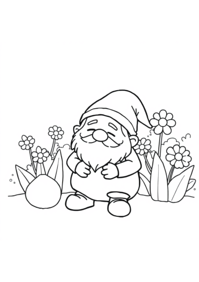 Printable Sleepy Gnome In Garden Coloring Page
