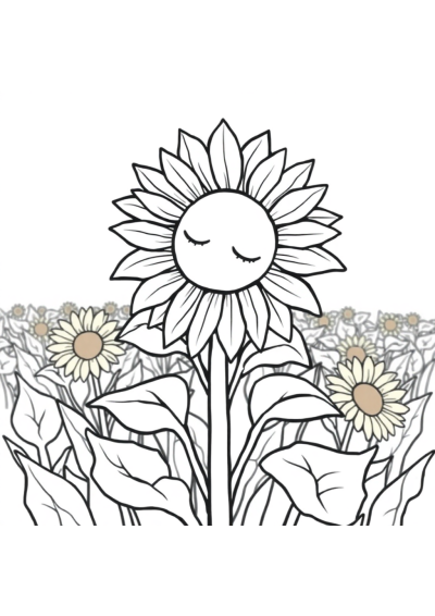 Sleepy Sunflower Field Coloring Page
