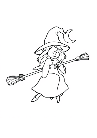 Sleepy Witch On Broomstick Coloring Page