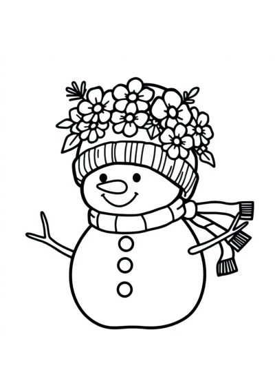 Snowman With Hat With Flowers Coloring Page