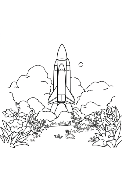 Space Shuttle Launch In Garden Coloring Page