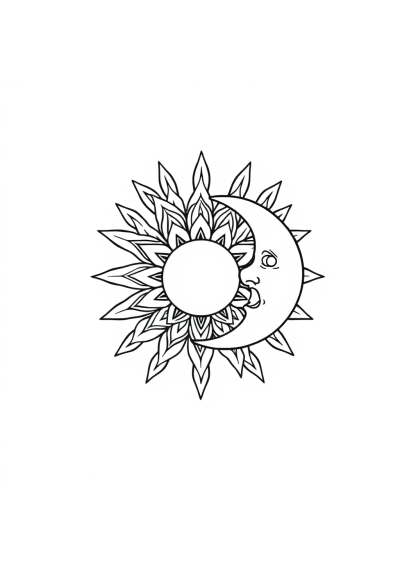 Sun And Moon Mandala In Rain Coloring Page