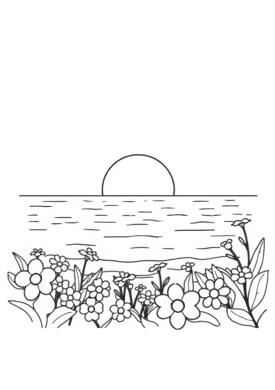 Sunset Over Ocean With Flowers Coloring Page