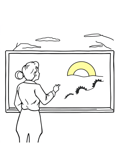 Printable Teacher At Blackboard At Sunset Coloring Page