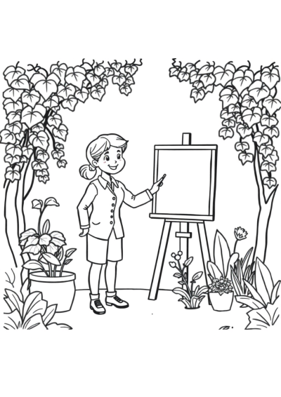 Teacher At Blackboard In Garden Coloring Page