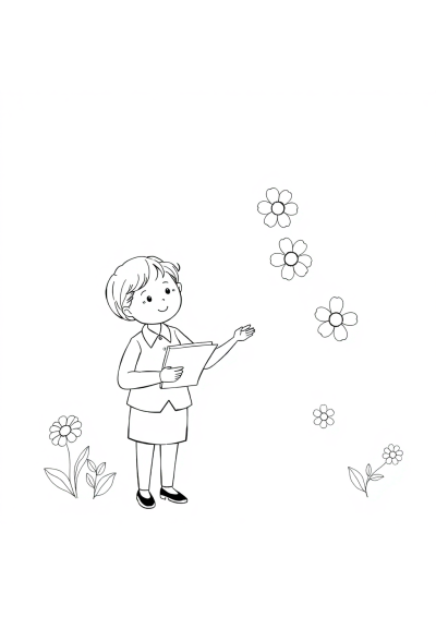 Teacher At Blackboard With Flowers Coloring Page