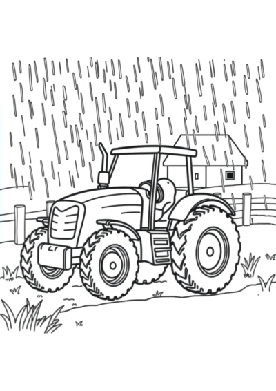 Detailed Tractor On Farm In Rain Coloring Page