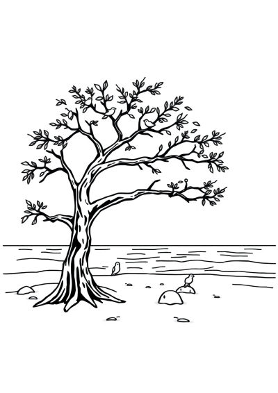 Tree With Birds On Beach Coloring Page
