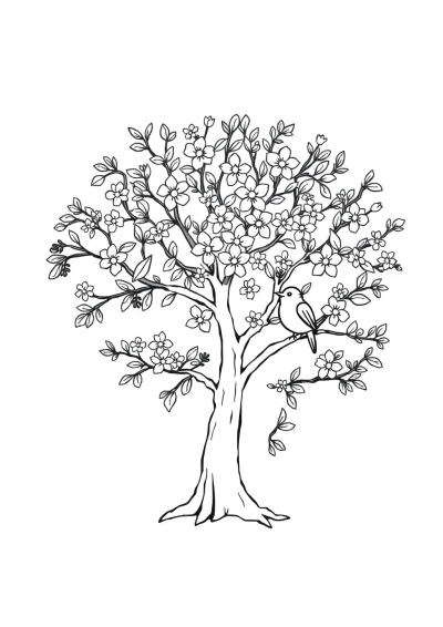 Tree With Birds With Flowers Coloring Page